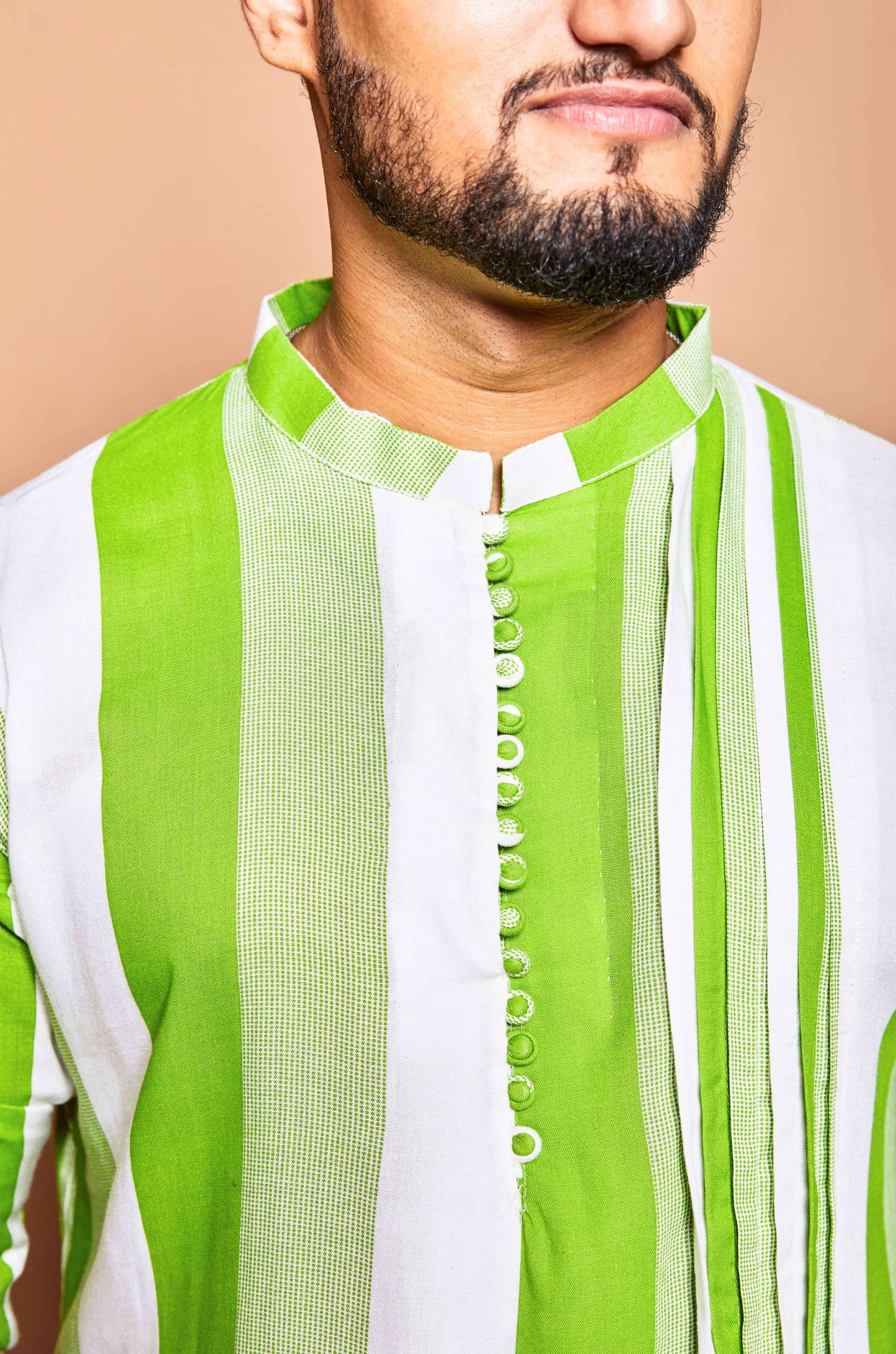 Fabriq by FFACE Men's Striped Kurta, Green and White, Cotton, Asymmetrical