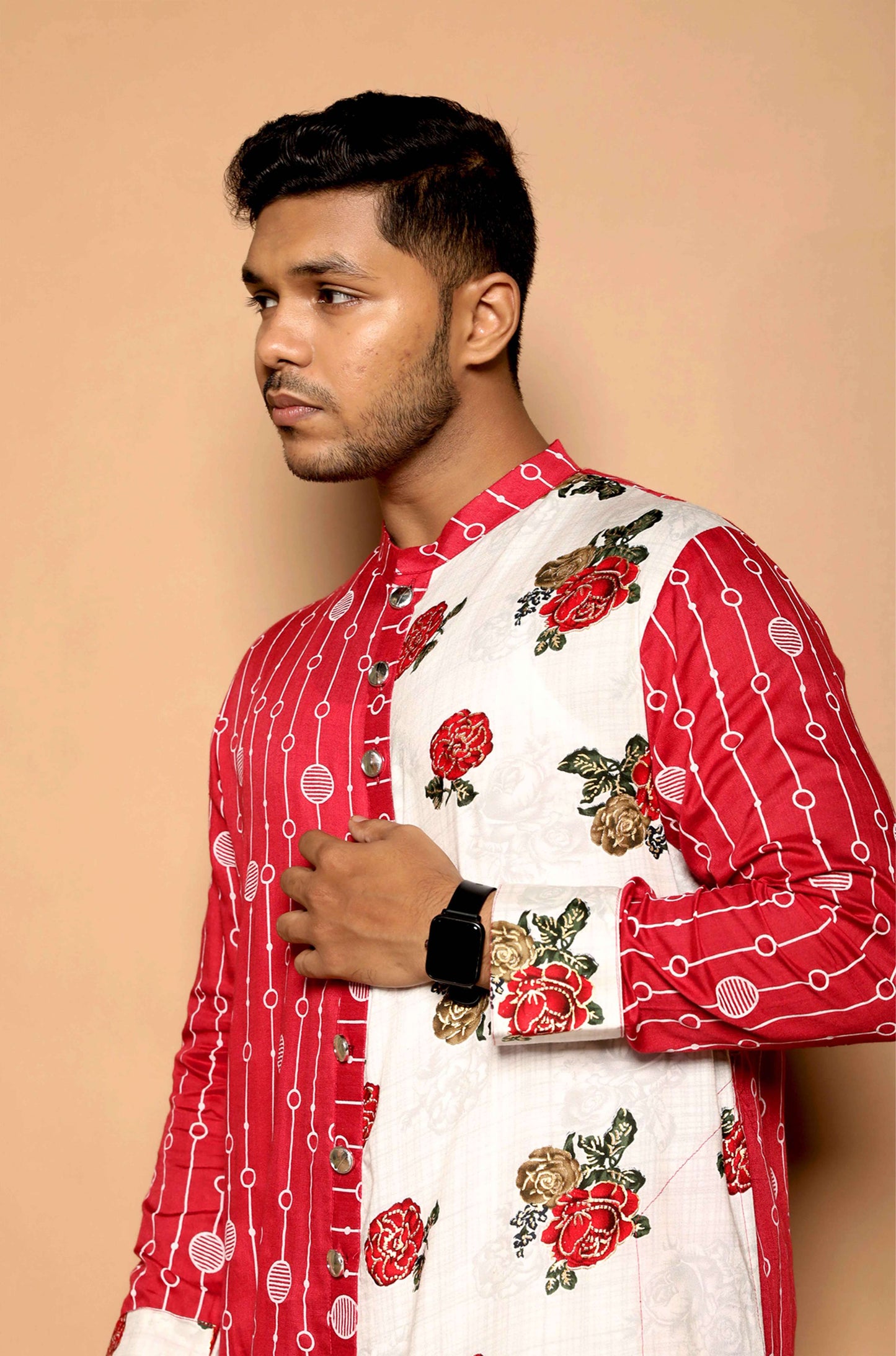 Fabriq by FFACE Traditional Indian Kurta, Floral and Striped Print, Red and White
