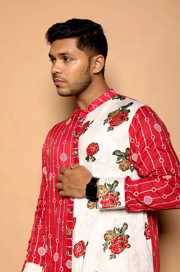 Men's Red & White Half-n-Half Kurta | Cotton Fabric| Casual & Festive Wear