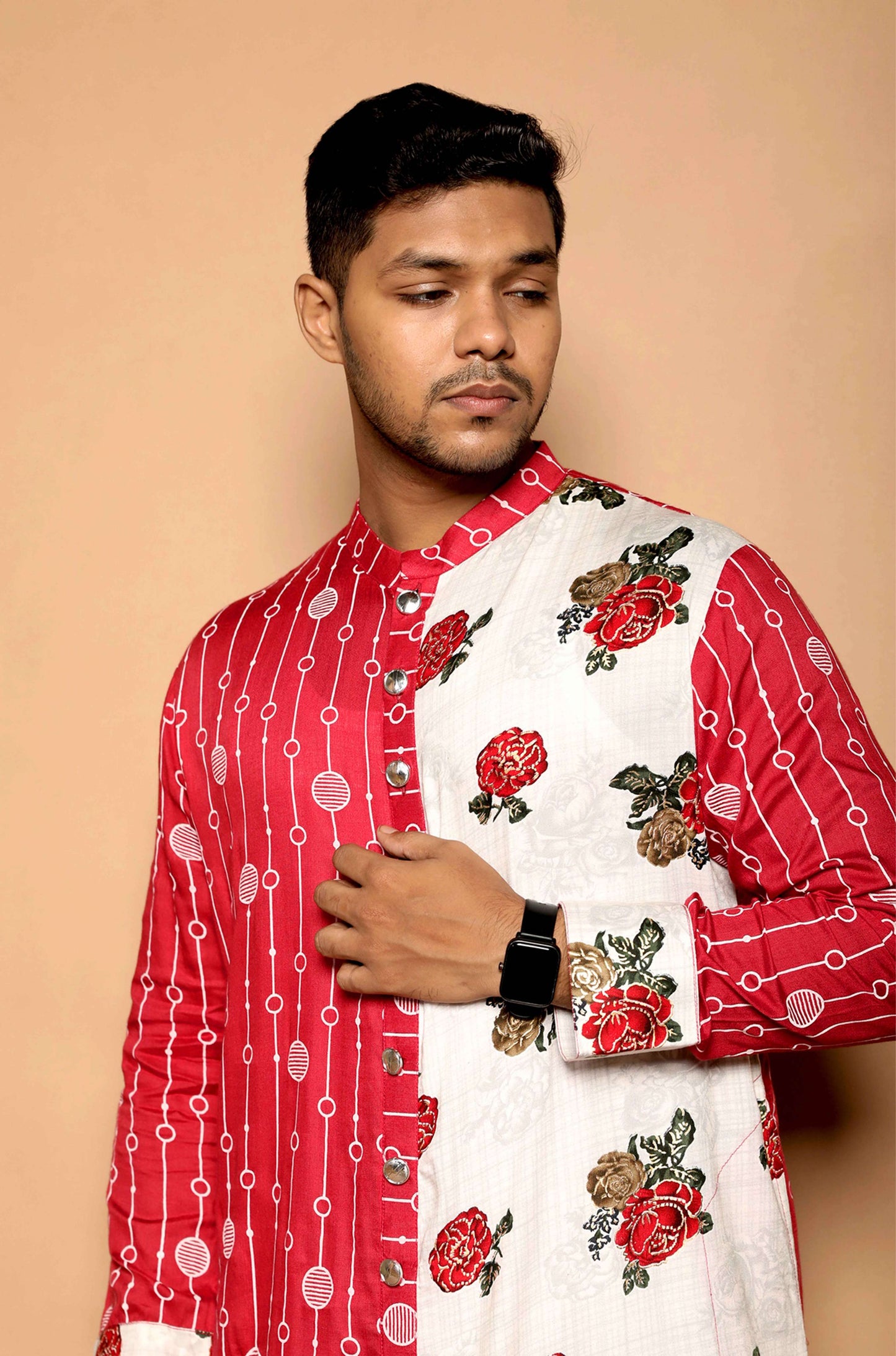 Fabriq by FFACE Traditional Indian Kurta, Floral and Striped Print, Red and White