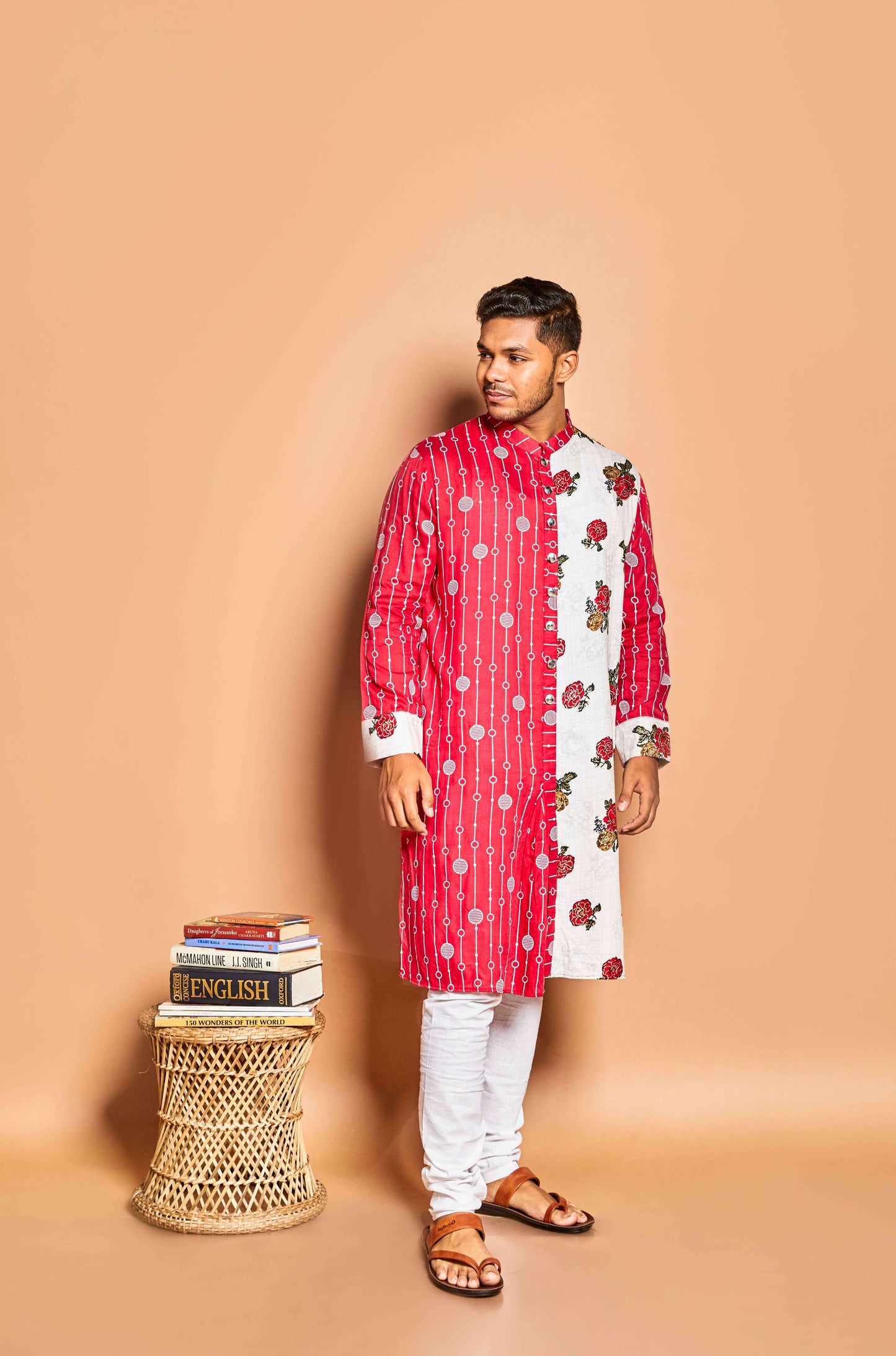 Fabriq by FFACE Traditional Indian Kurta, Floral and Striped Print, Red and White