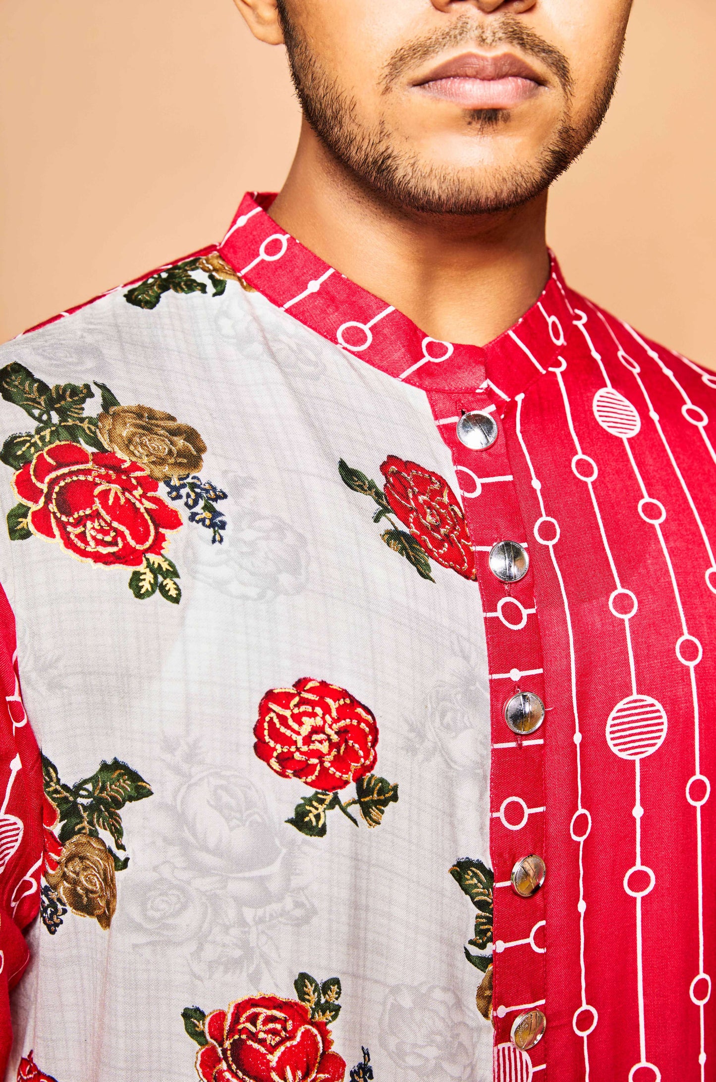 Fabriq by FFACE Traditional Indian Kurta, Floral and Striped Print, Red and White