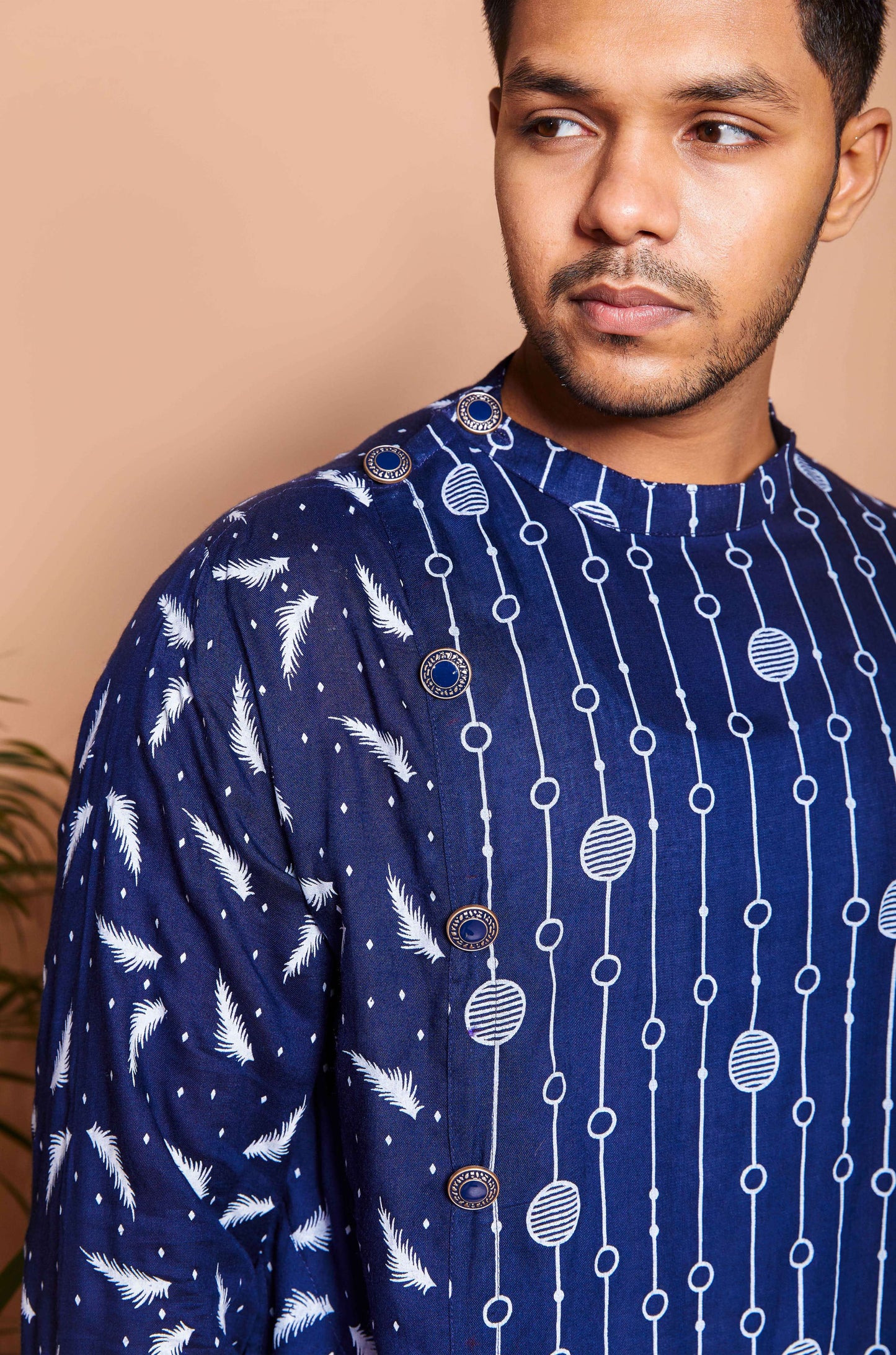 Fabriq by FFACE Printed Casual Kurta for Men, Navy Blue, Full Sleeves
