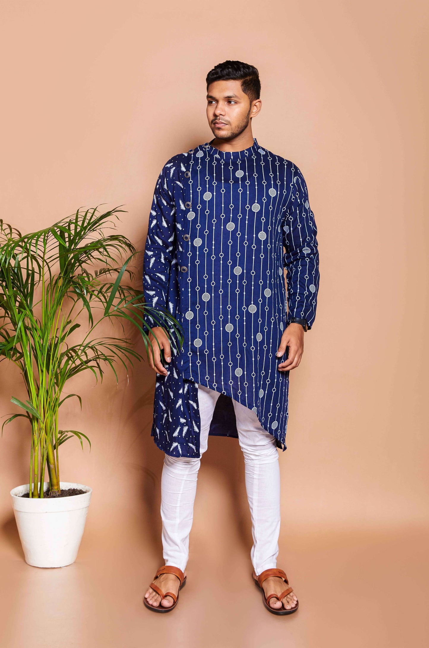 Fabriq by FFACE Printed Casual Kurta for Men, Navy Blue, Full Sleeves