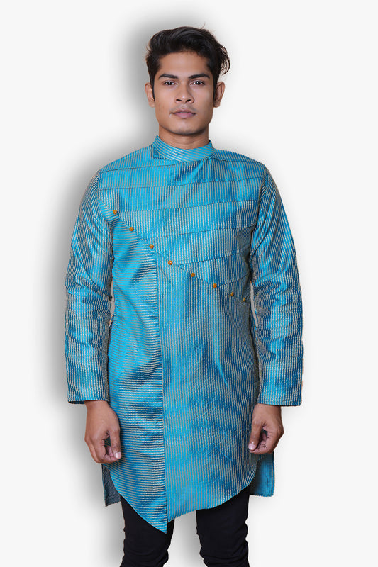 Fabriq by FFACE Designer Turquoise Kurta with Asymmetric Button Closure, Striped Pattern, Mandarin Collar