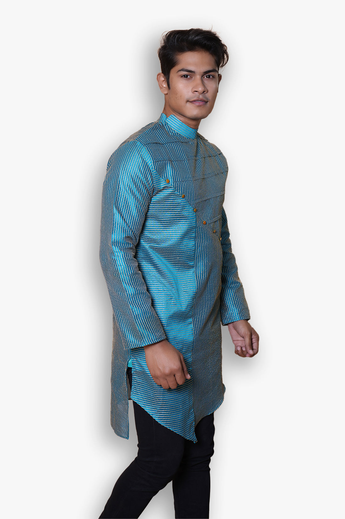 Fabriq by FFACE Designer Turquoise Kurta with Asymmetric Button Closure, Striped Pattern, Mandarin Collar