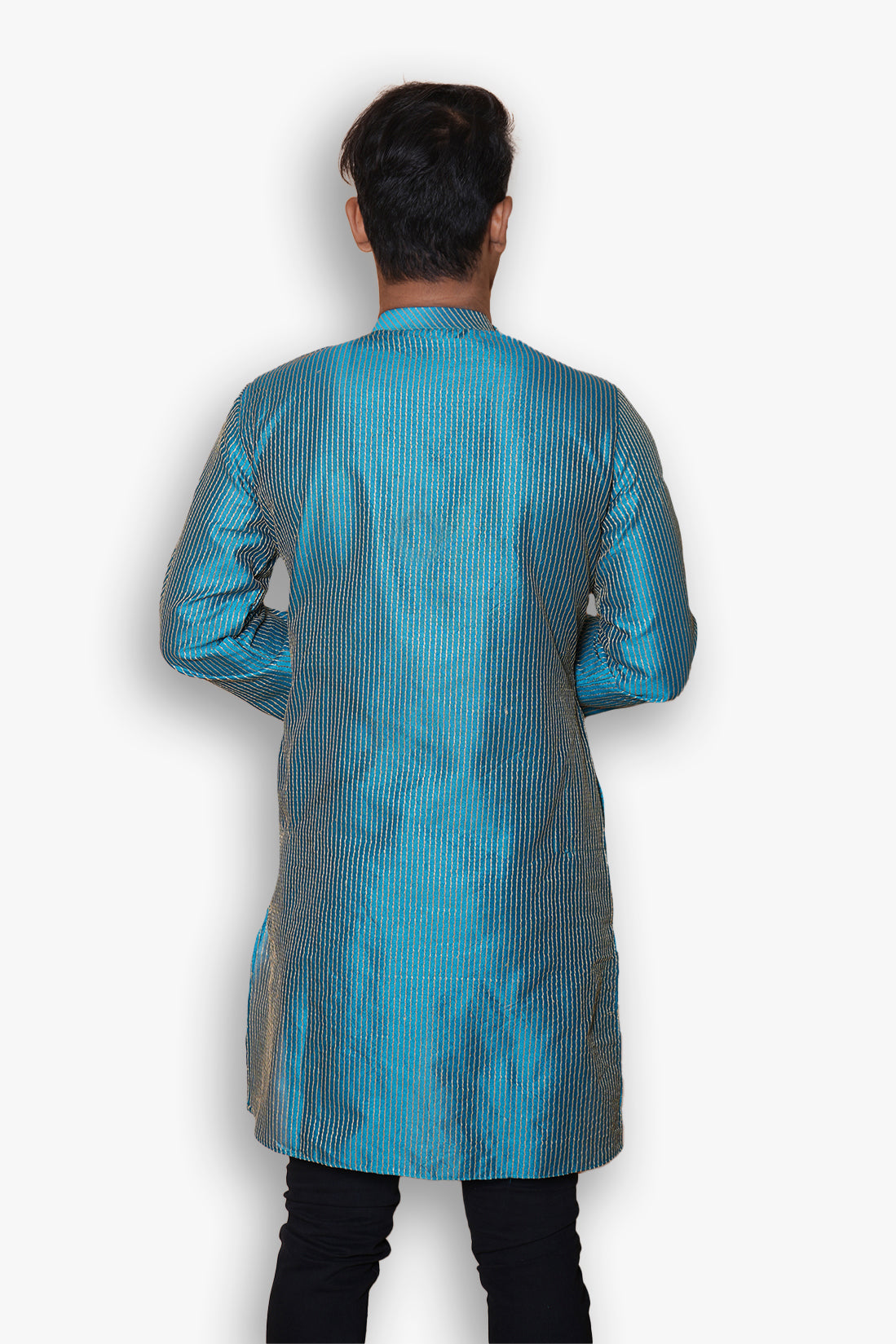 Fabriq by FFACE Designer Turquoise Kurta with Asymmetric Button Closure, Striped Pattern, Mandarin Collar