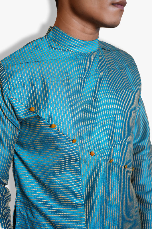 Fabriq by FFACE Designer Turquoise Kurta with Asymmetric Button Closure, Striped Pattern, Mandarin Collar