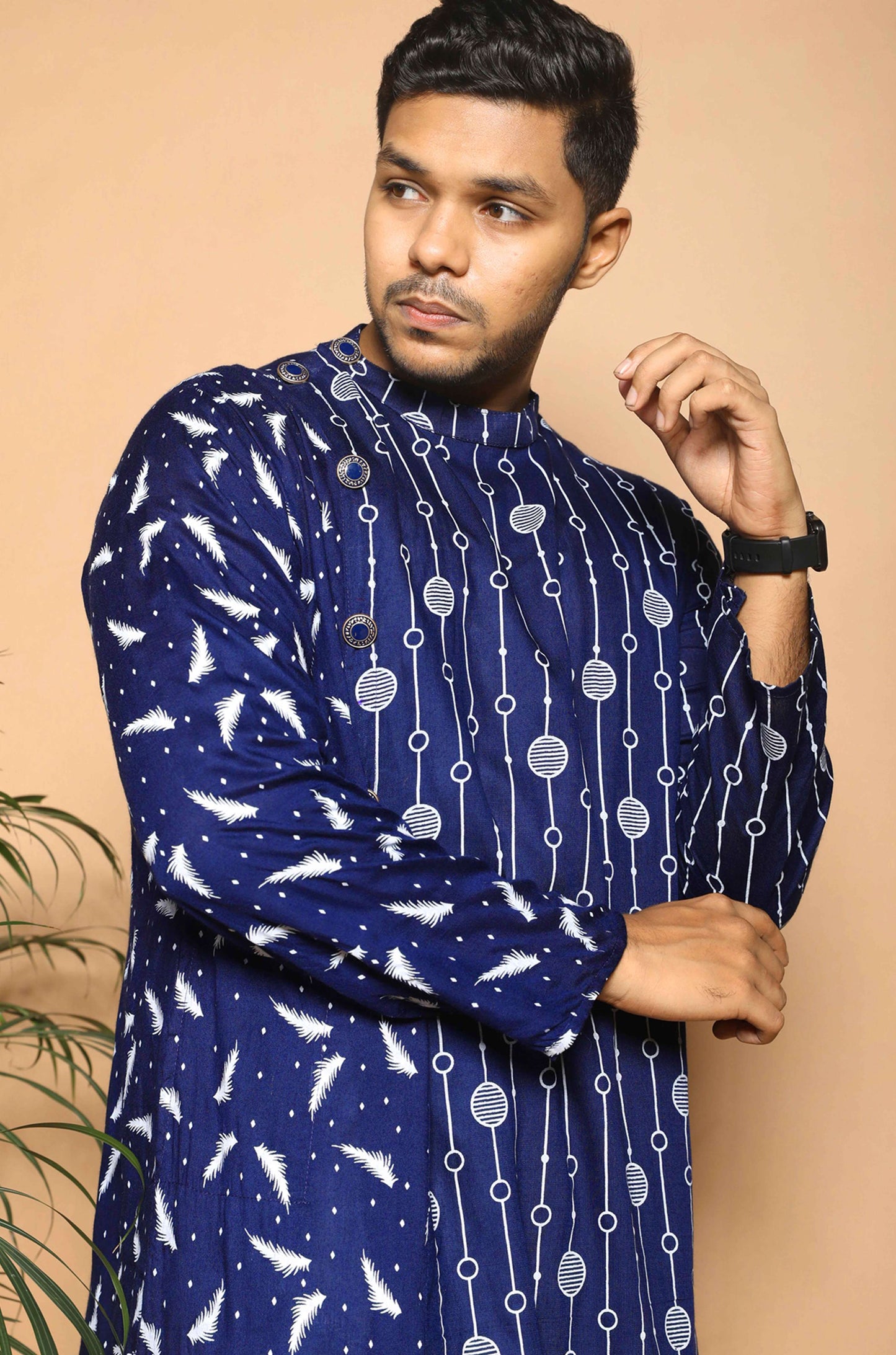Fabriq by FFACE Printed Casual Kurta for Men, Navy Blue, Full Sleeves