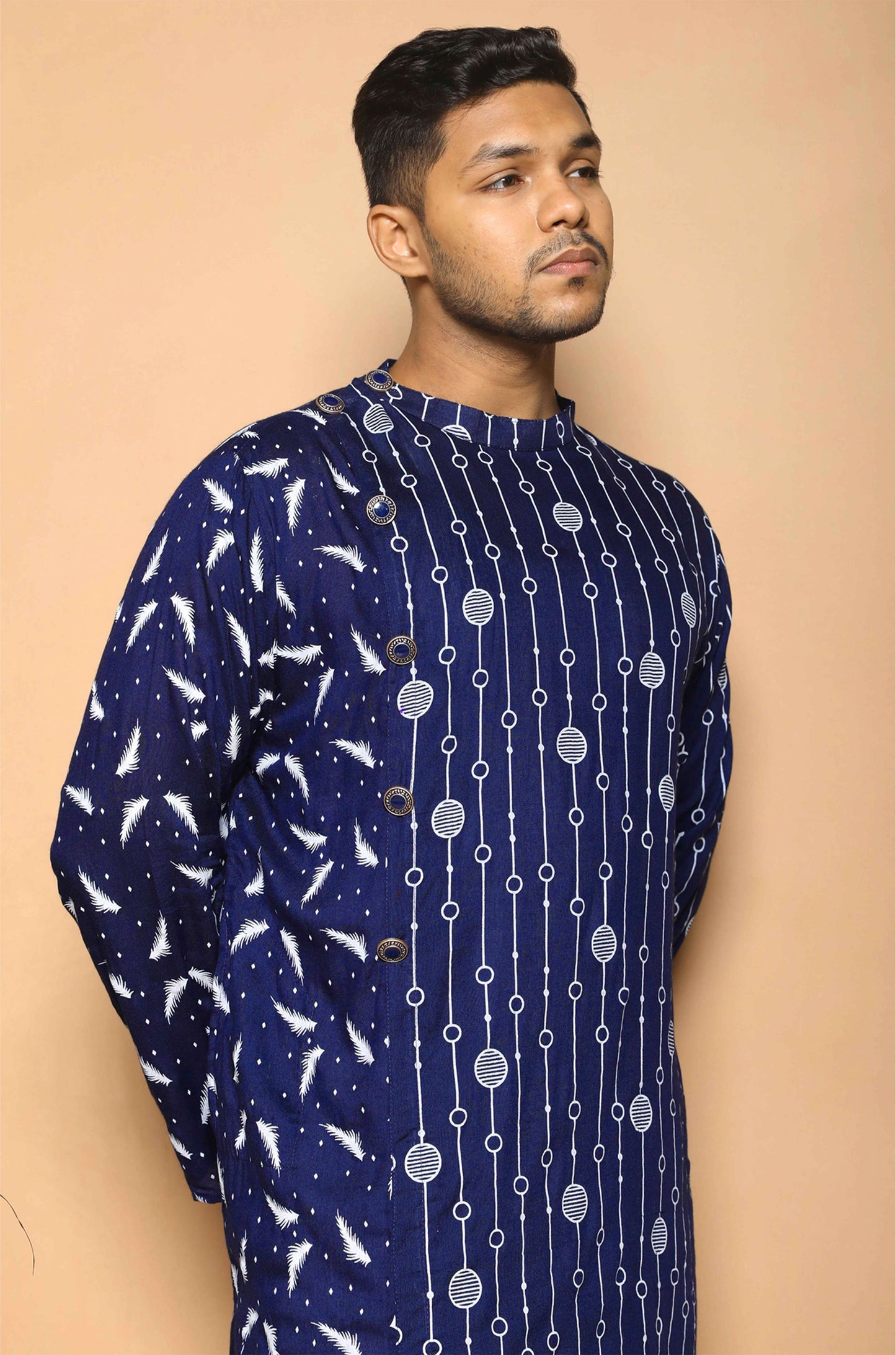 Fabriq by FFACE Printed Casual Kurta for Men, Navy Blue, Full Sleeves