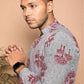 Fabriq by FFace Traditional Cotton Kurta with Tree Print Pattern, Grey with Maroon Design, Mandarin Collar