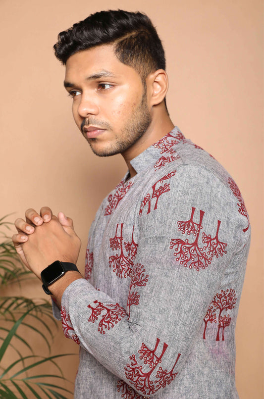 Fabriq by FFace Traditional Cotton Kurta with Tree Print Pattern, Grey with Maroon Design, Mandarin Collar
