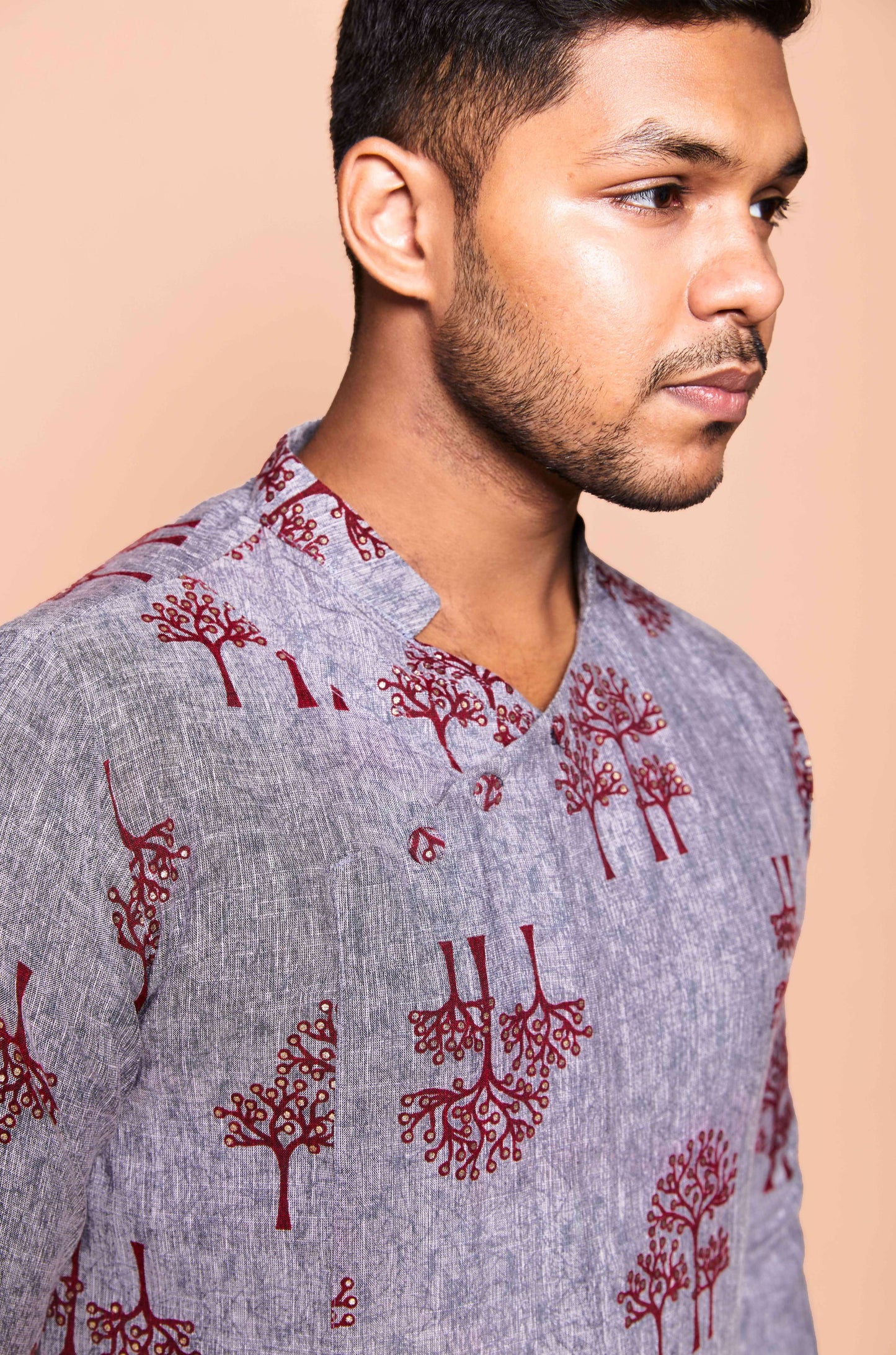 Fabriq by FFace Traditional Cotton Kurta with Tree Print Pattern, Grey with Maroon Design, Mandarin Collar