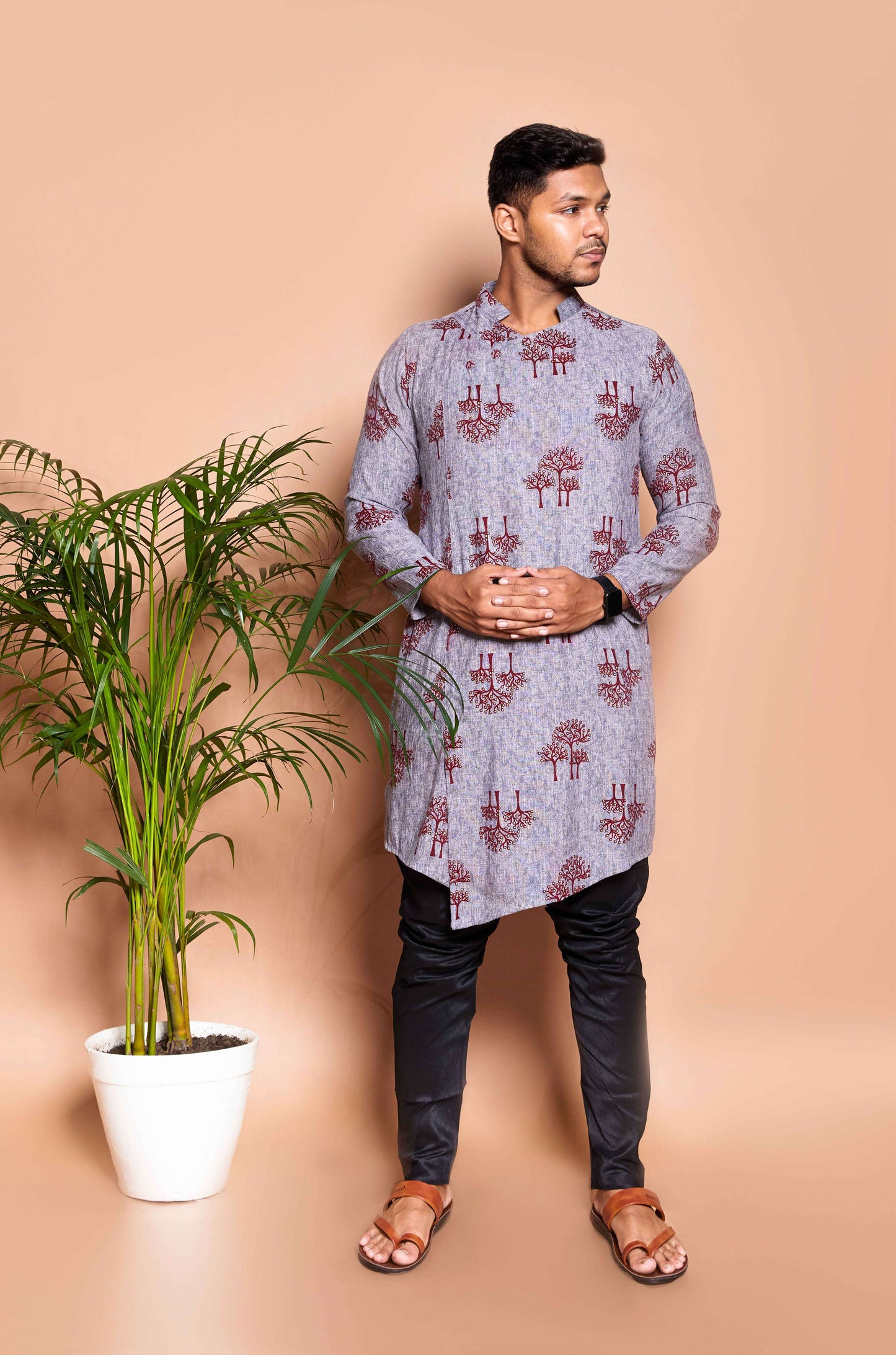 Fabriq by FFace Traditional Cotton Kurta with Tree Print Pattern, Grey with Maroon Design, Mandarin Collar
