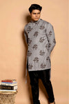 Fabriq by FFACE Men's Grey Kurta with Tree Print, Button-Up Style, Cotton