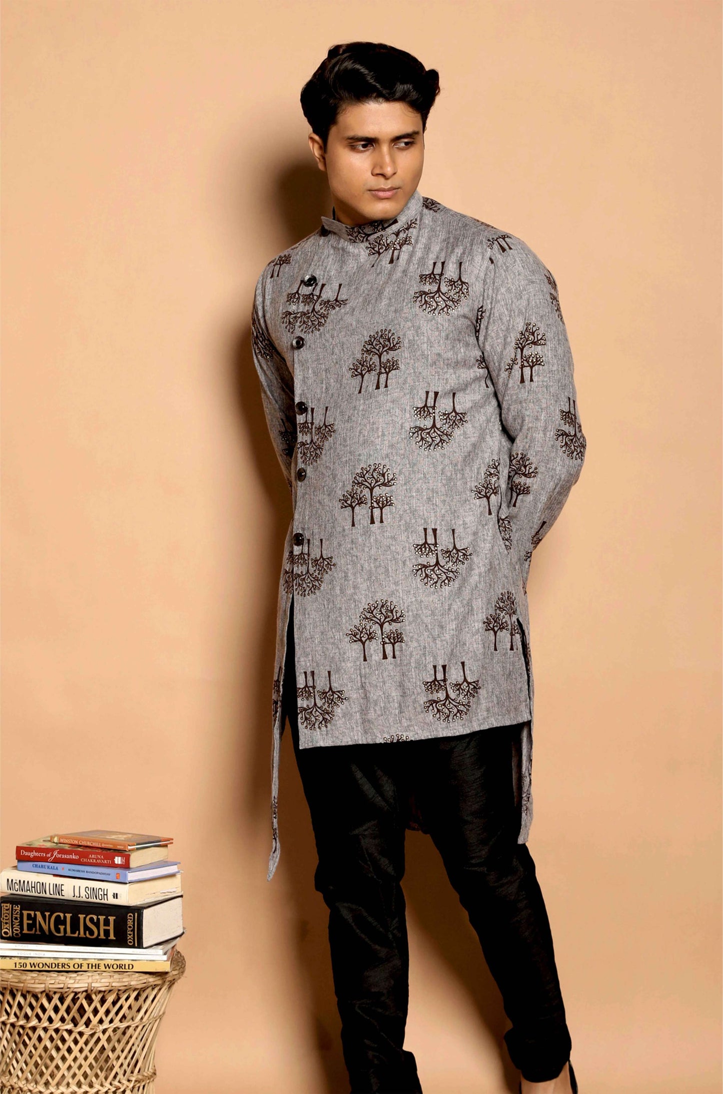 Fabriq by FFACE Men's Grey Kurta with Tree Print, Button-Up Style, Cotton