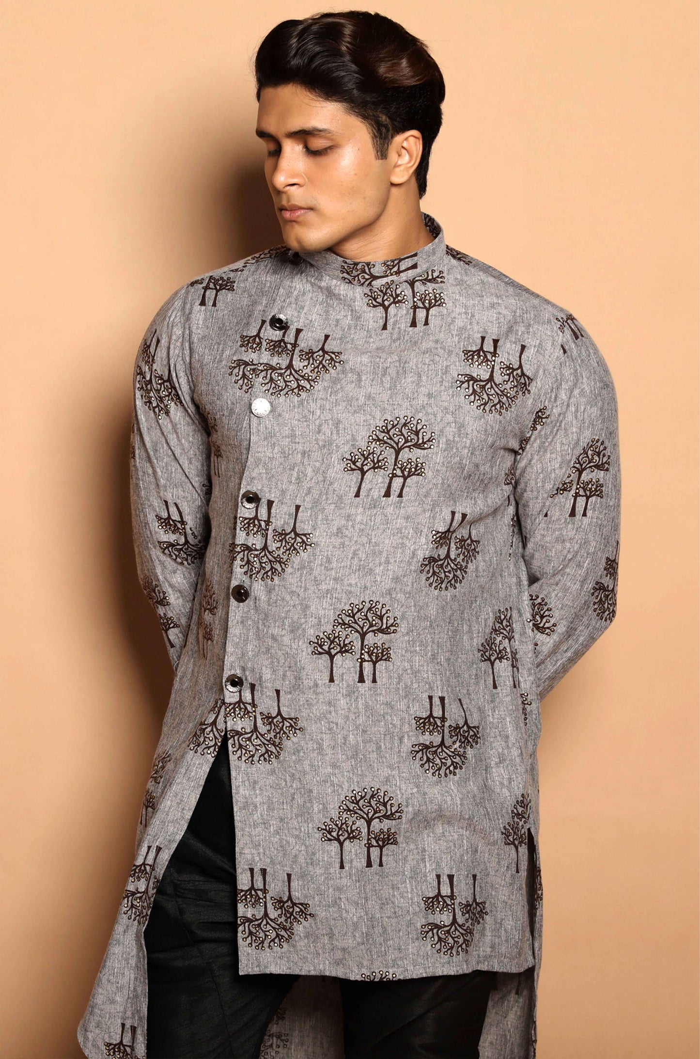 Fabriq by FFACE Men's Grey Kurta with Tree Print, Button-Up Style, Cotton
