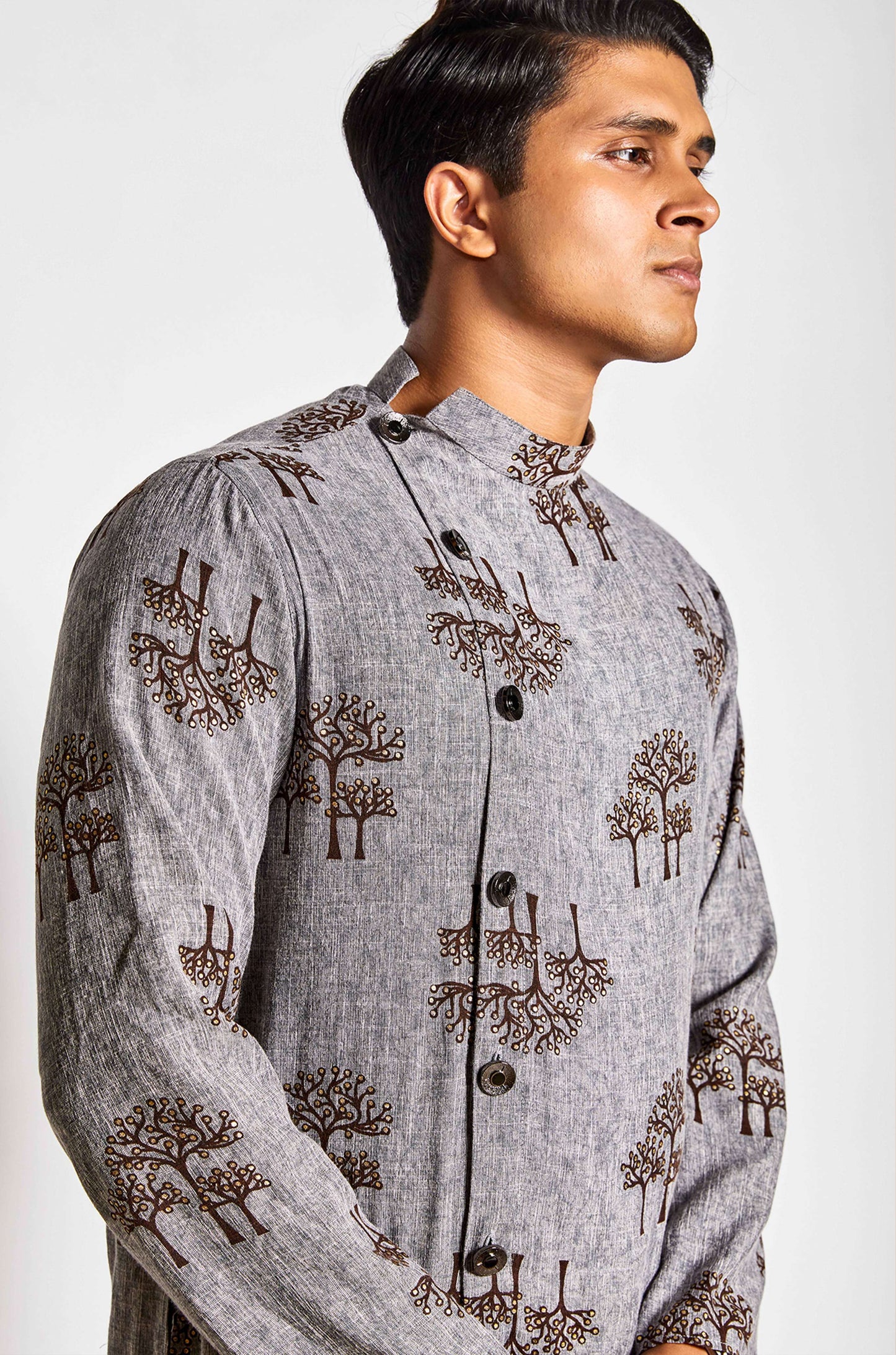 Fabriq by FFACE Men's Grey Kurta with Tree Print, Button-Up Style, Cotton