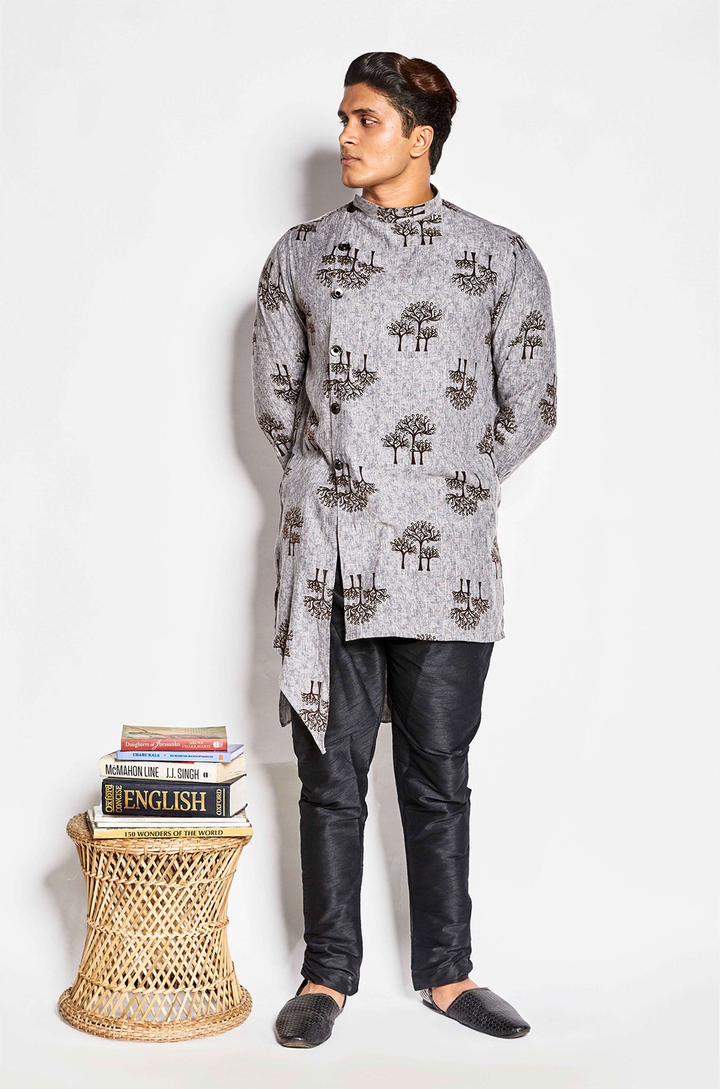 Fabriq by FFACE Men's Grey Kurta with Tree Print, Button-Up Style, Cotton