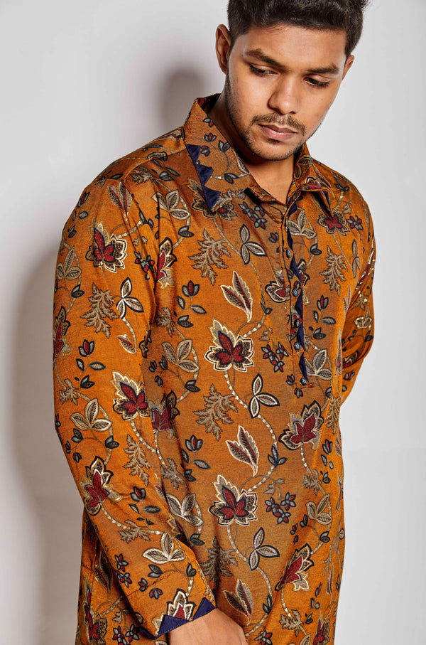 Men's Stylish Bronze Floral Print Kurta | Cotton Fabric | Festive & Occasion Wear
