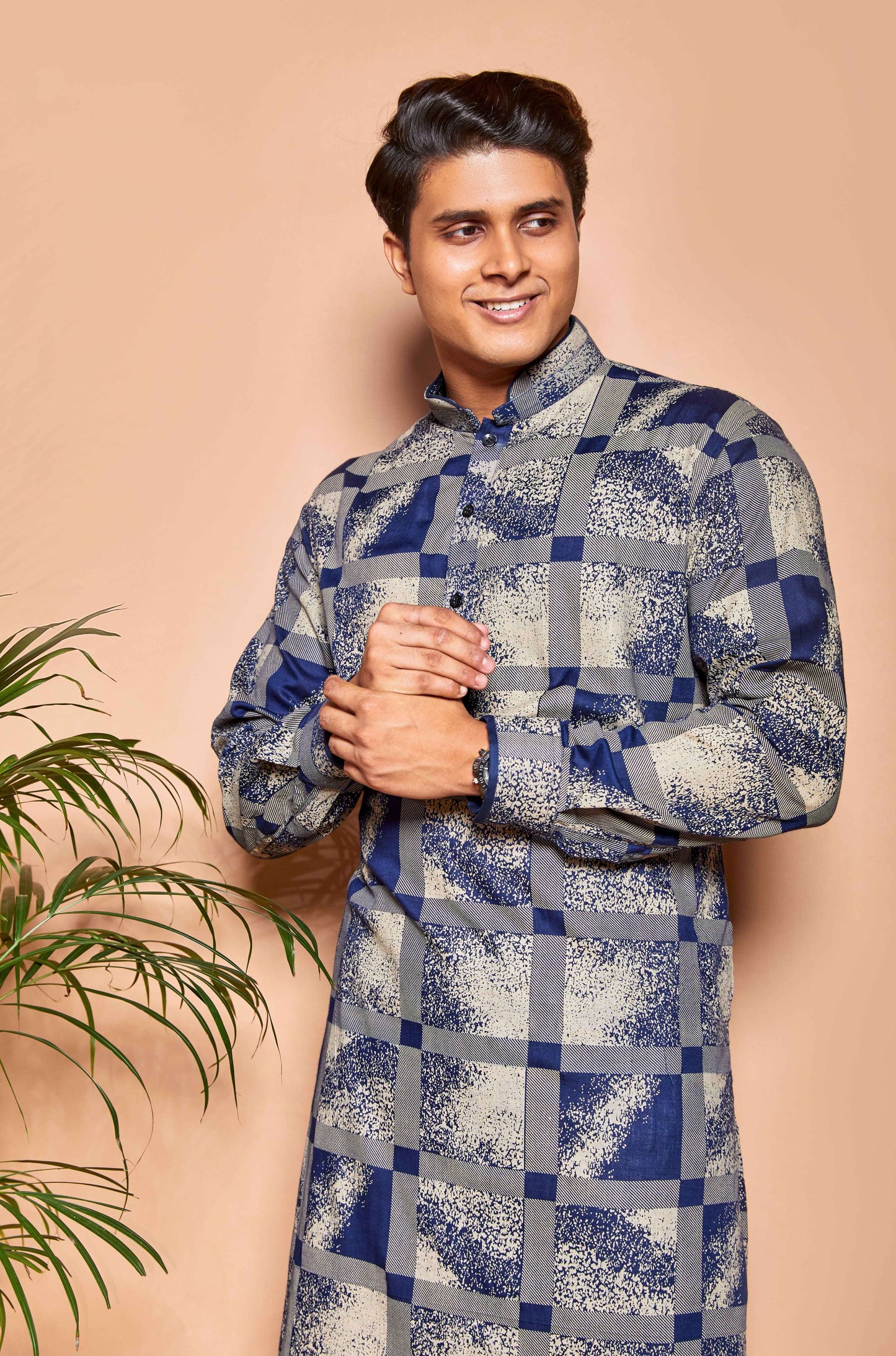 Fabriq by FFACE Men's Checkered Kurta, Blue and Grey, Cotton