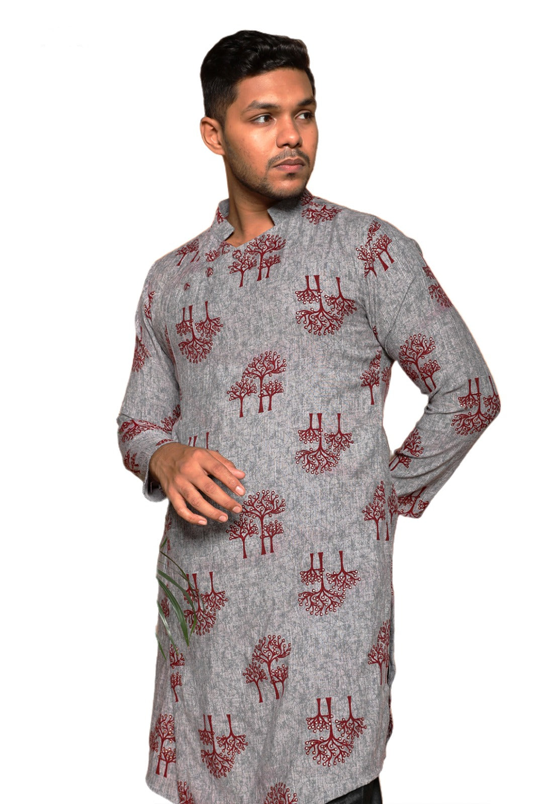 Fabriq by FFace Traditional Cotton Kurta with Tree Print Pattern, Grey with Maroon Design, Mandarin Collar