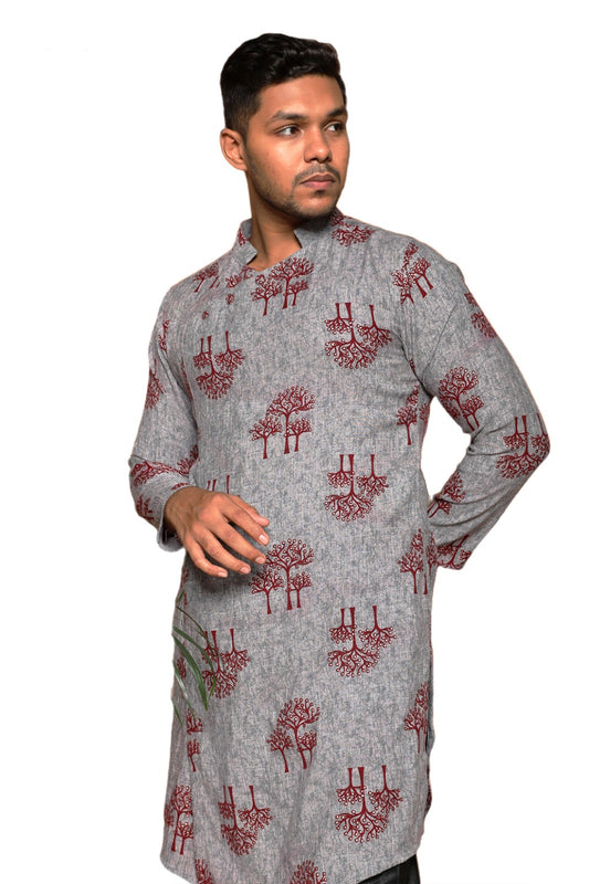 Fabriq by FFace Traditional Cotton Kurta with Tree Print Pattern, Grey with Maroon Design, Mandarin Collar