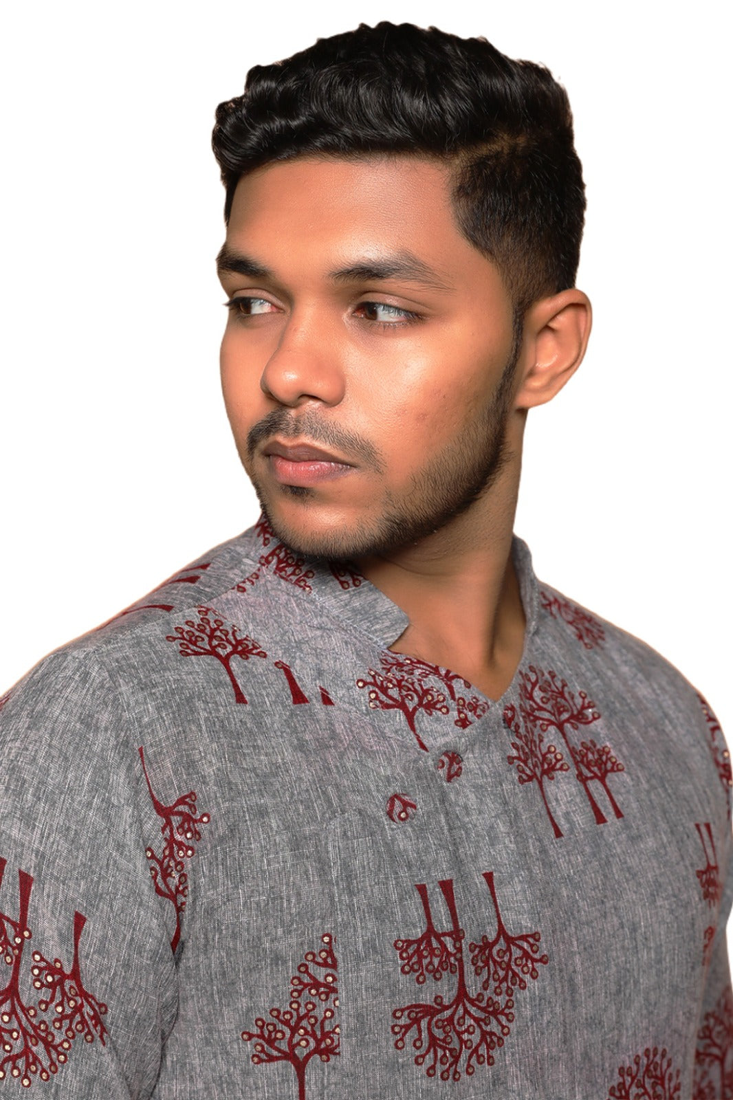 Fabriq by FFace Traditional Cotton Kurta with Tree Print Pattern, Grey with Maroon Design, Mandarin Collar