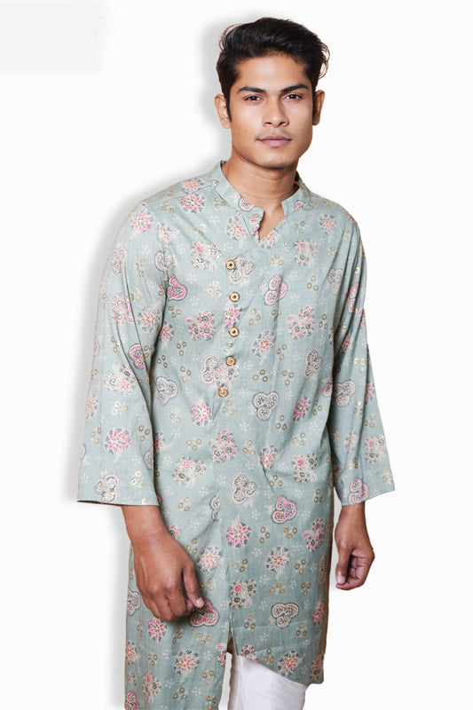 Fabriq by FFace Traditional Floral Print Kurta, Sage Green with Pink Motifs, Mandarin Collar, Cotton