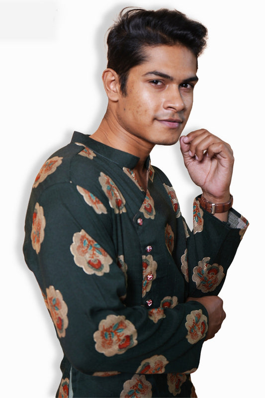 Traditional Floral Print Kurta, Dark Green with Peach Motifs, Cotton, Long Sleeve with White Churidar