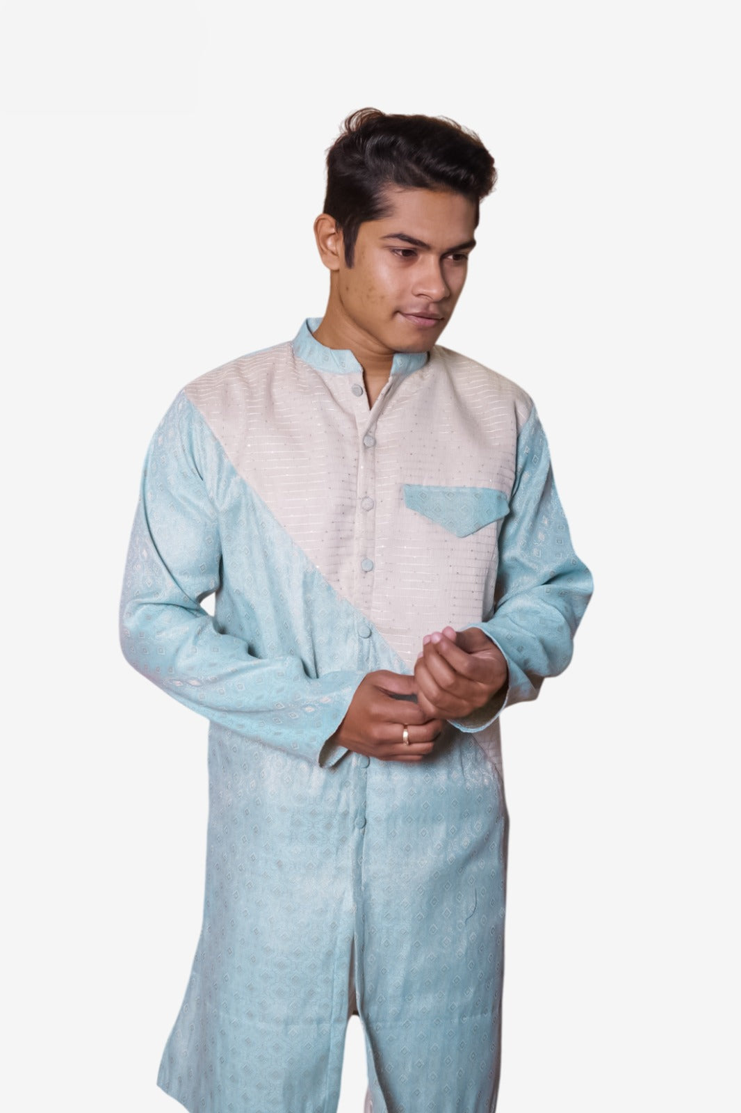 Designer Kurta for Men, Light Blue and White Colour Block Pattern, Mandarin Collar, Long Sleeves