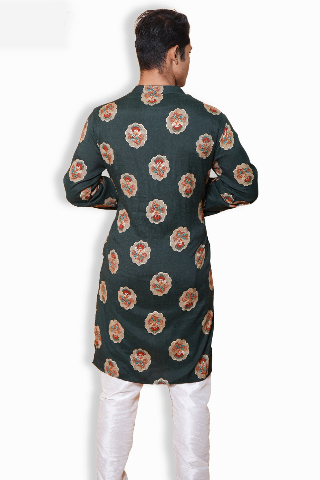 Traditional Floral Print Kurta, Dark Green with Peach Motifs, Cotton, Long Sleeve with White Churidar