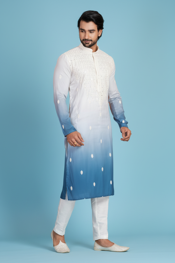 Men's Blue & White Shaded Kurta Pajama Set | Silk Fabric | Embroidered | Festive Wear