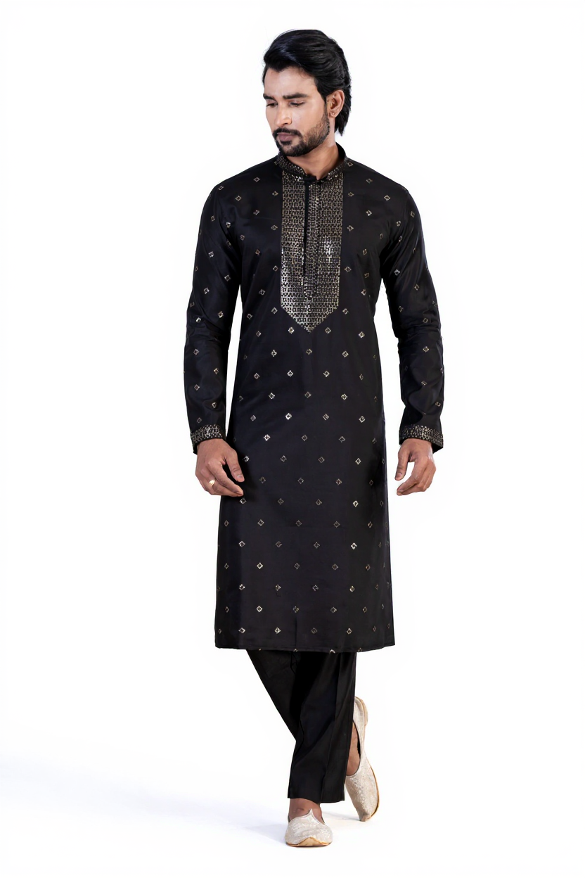 Man wearing a black kurta with intricate designs on a white background
