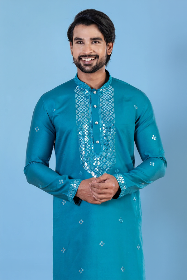 Men's Sky Blue Kurta Pajama Set | Cotton Fabric | Festive Wear