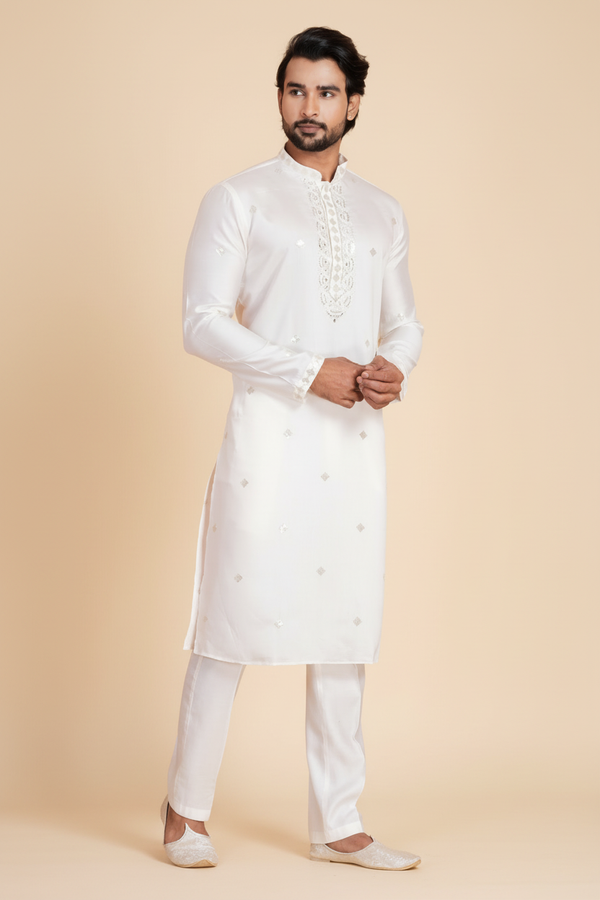 Men's Pure White Kurta Pajama Set | Cotton Fabric | Festive Wear