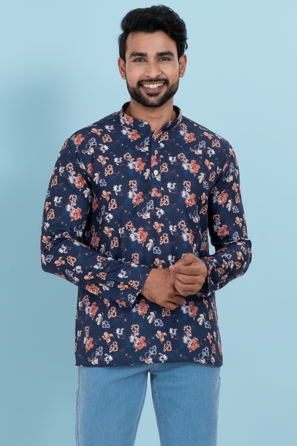 Men's Navy Blue Printed Short Kurta | Cotton Fabric | Semi Formal & Casual Wear