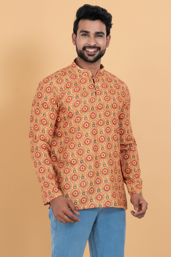 Men's Peach Printed Short Kurta | Cotton Fabric | Semi Formal & Casual Wear