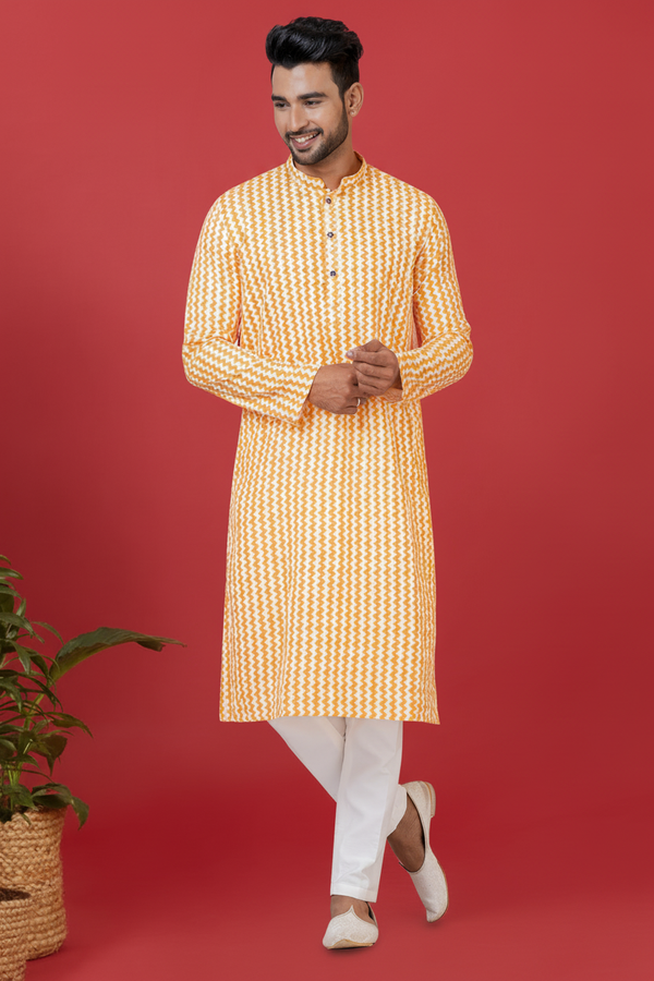 Men’s Yellow Printed Kurta | Cotton Fabric | Ethnic & Casual Wear