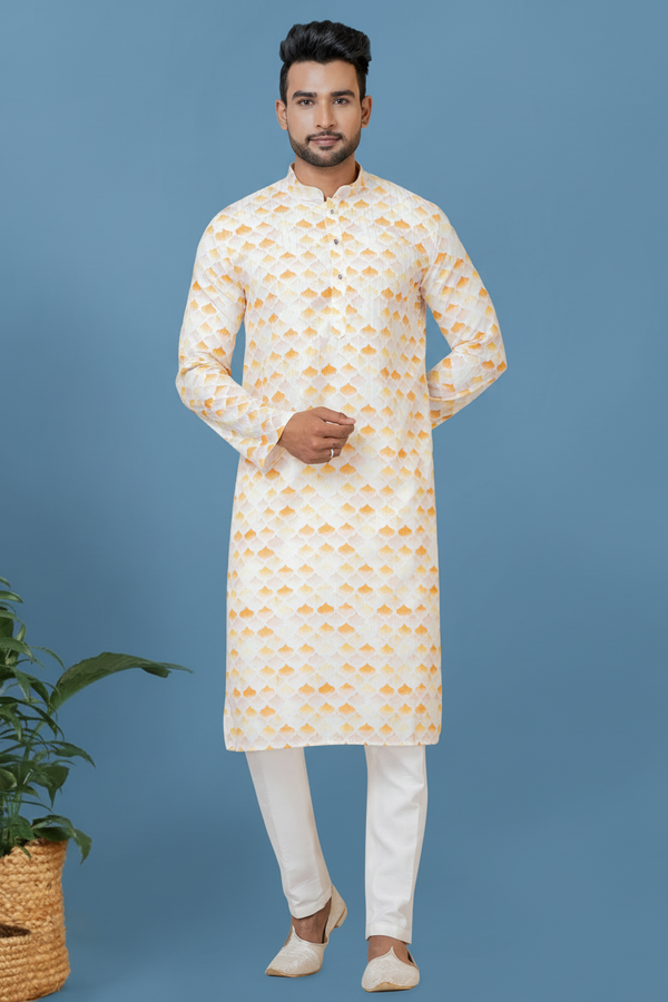 Men’s Yellow & White Printed Kurta | Cotton Fabric | Ethnic & Casual Wear