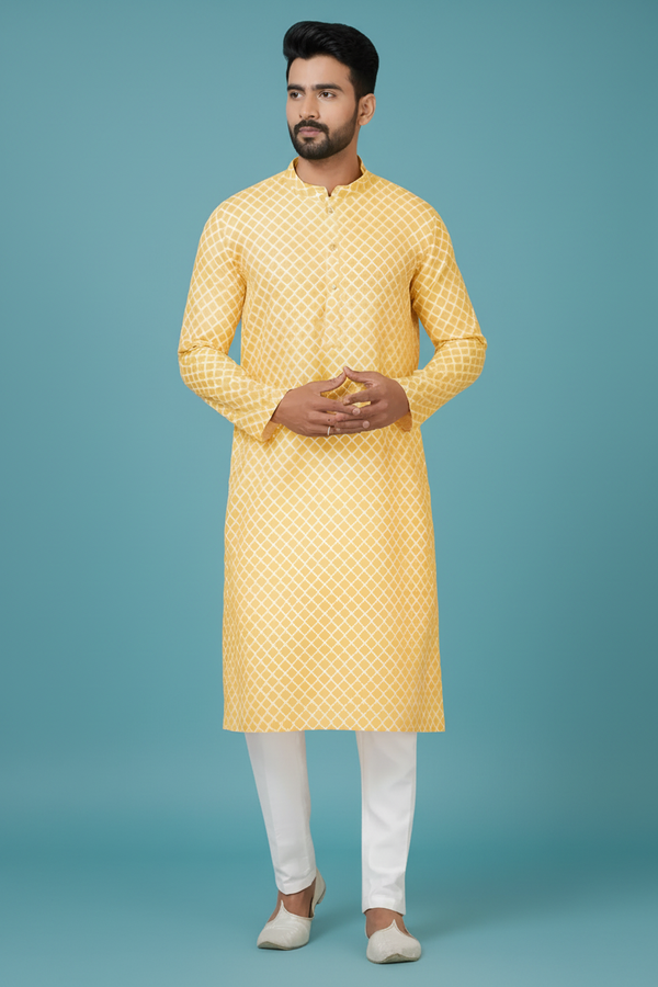 Men’s Yellow Printed Kurta | Cotton Fabric | Ethnic & Casual Wear