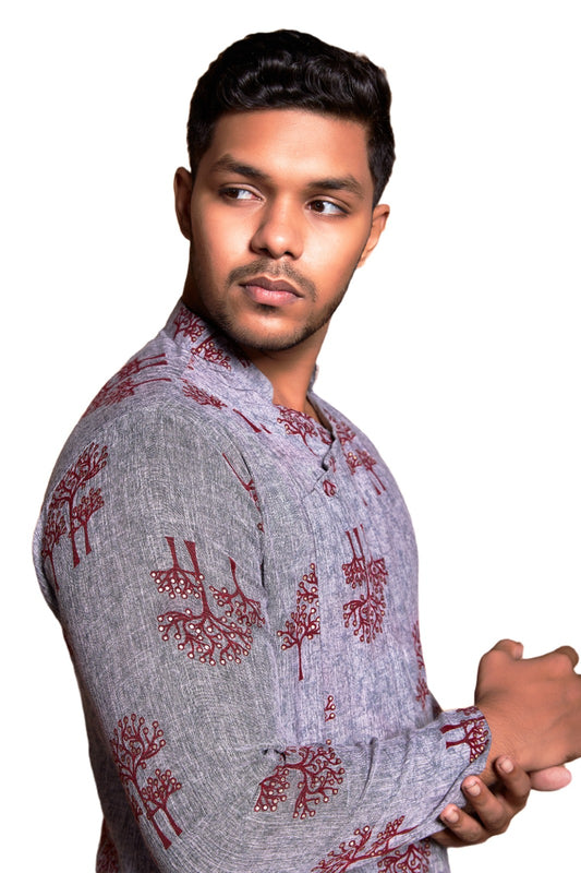 Fabriq by FFace Traditional Cotton Kurta with Tree Print Pattern, Grey with Maroon Design, Mandarin Collar