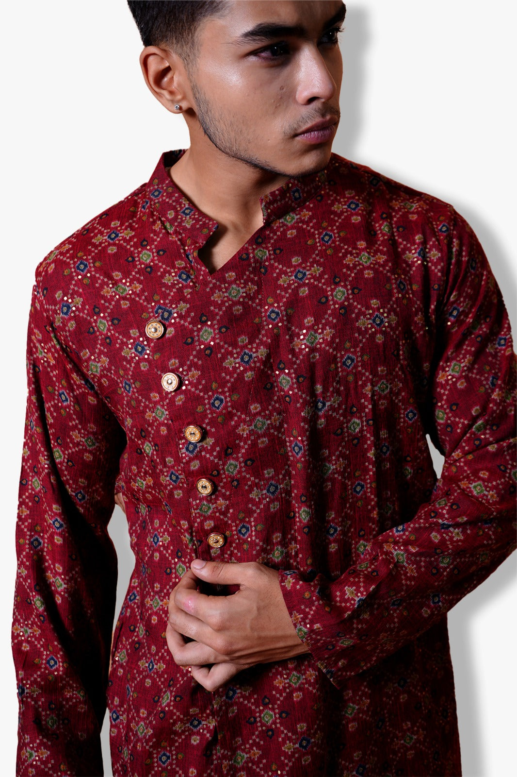 Traditional Maroon Printed Kurta, Mandarin Collar, Long Sleeves, Geometric Pattern