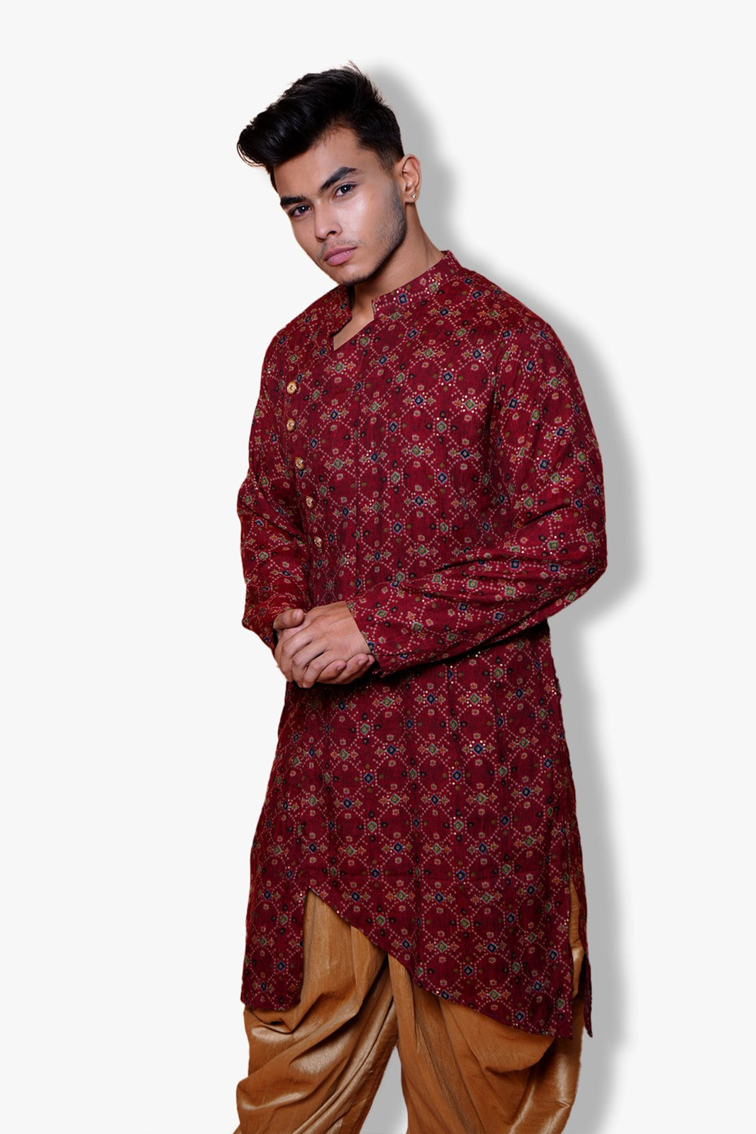 Traditional Maroon Printed Kurta, Mandarin Collar, Long Sleeves, Geometric Pattern