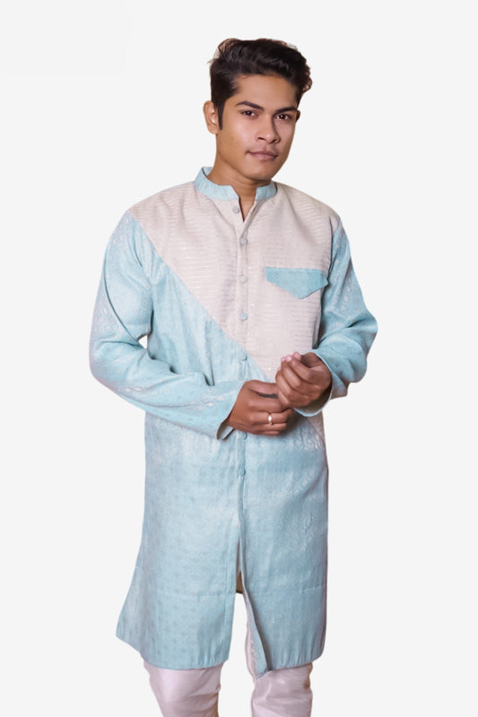Designer Kurta for Men, Light Blue and White Colour Block Pattern, Mandarin Collar, Long Sleeves