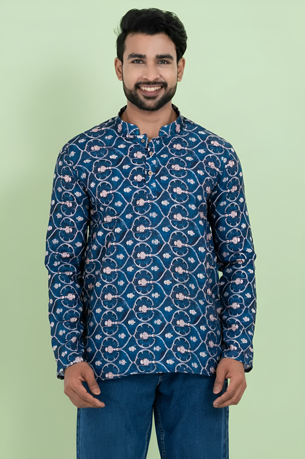 Men's Blue Printed Short Kurta | Cotton Fabric | Semi Formal & Casual Wear