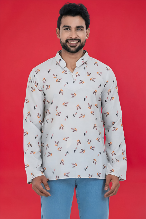 Men's White Printed Multicoloured Short Kurta | Cotton Fabric | Semi Formal & Casual Wear