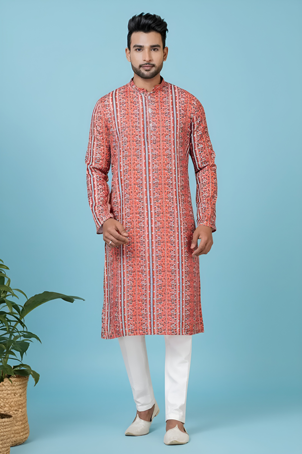 Men’s Orange Printed Kurta | Cotton Fabric | Ethnic & Casual Wear