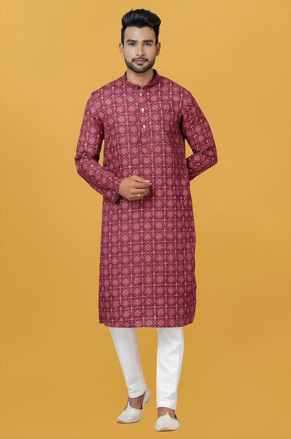 Men’s Pink Printed Kurta | Cotton Fabric | Ethnic & Casual Wear