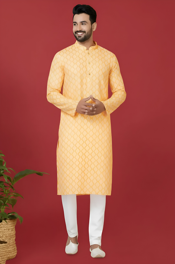 Men’s Yellow Printed Kurta | Cotton Fabric | Ethnic & Casual Wear